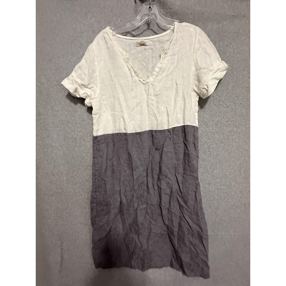 Lina Tomei Dress‎ Womens Small White Gray Linen Colorblock V Neck T Shirt Shift